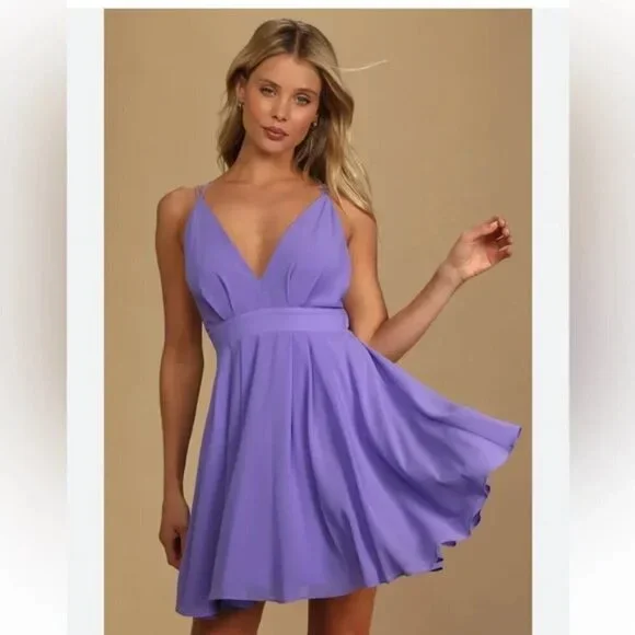 D15OOE Lulu's Save Me a Dance Lavender Purple Pleated V Neck Skater Dress Large